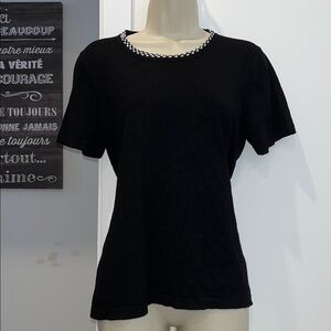 Karl Lagerfeld Black Short-Sleeve Knit Top with Beaded Collar